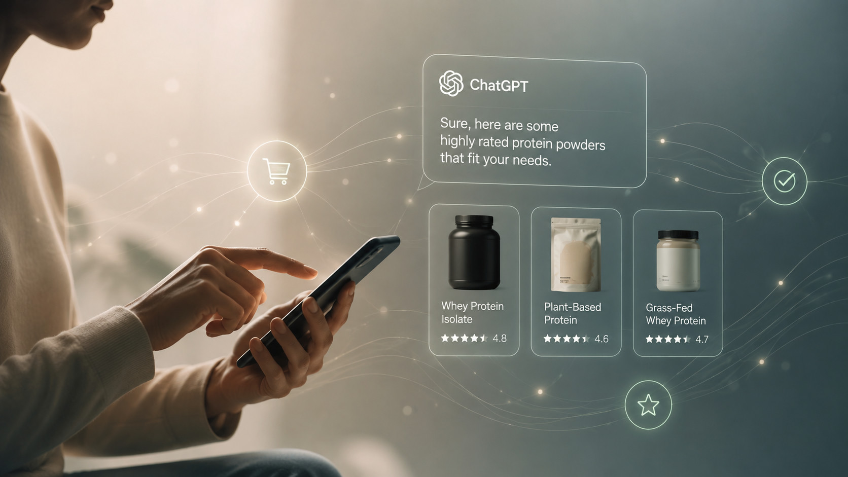 Consumer using an AI assistant on smartphone to research brand recommendations in AI search