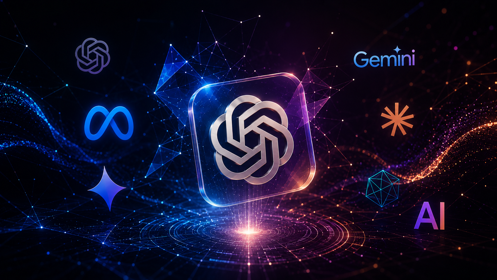 AI platform ecosystem - ChatGPT, Gemini, Meta, Perplexity and others in a connected digital network